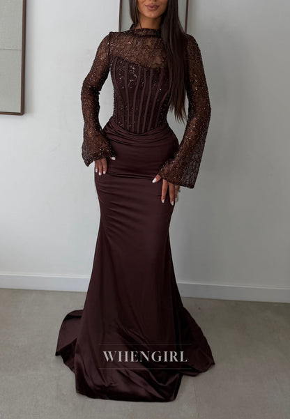 Sequined Long Sleeve Corset Satin Evening Gown