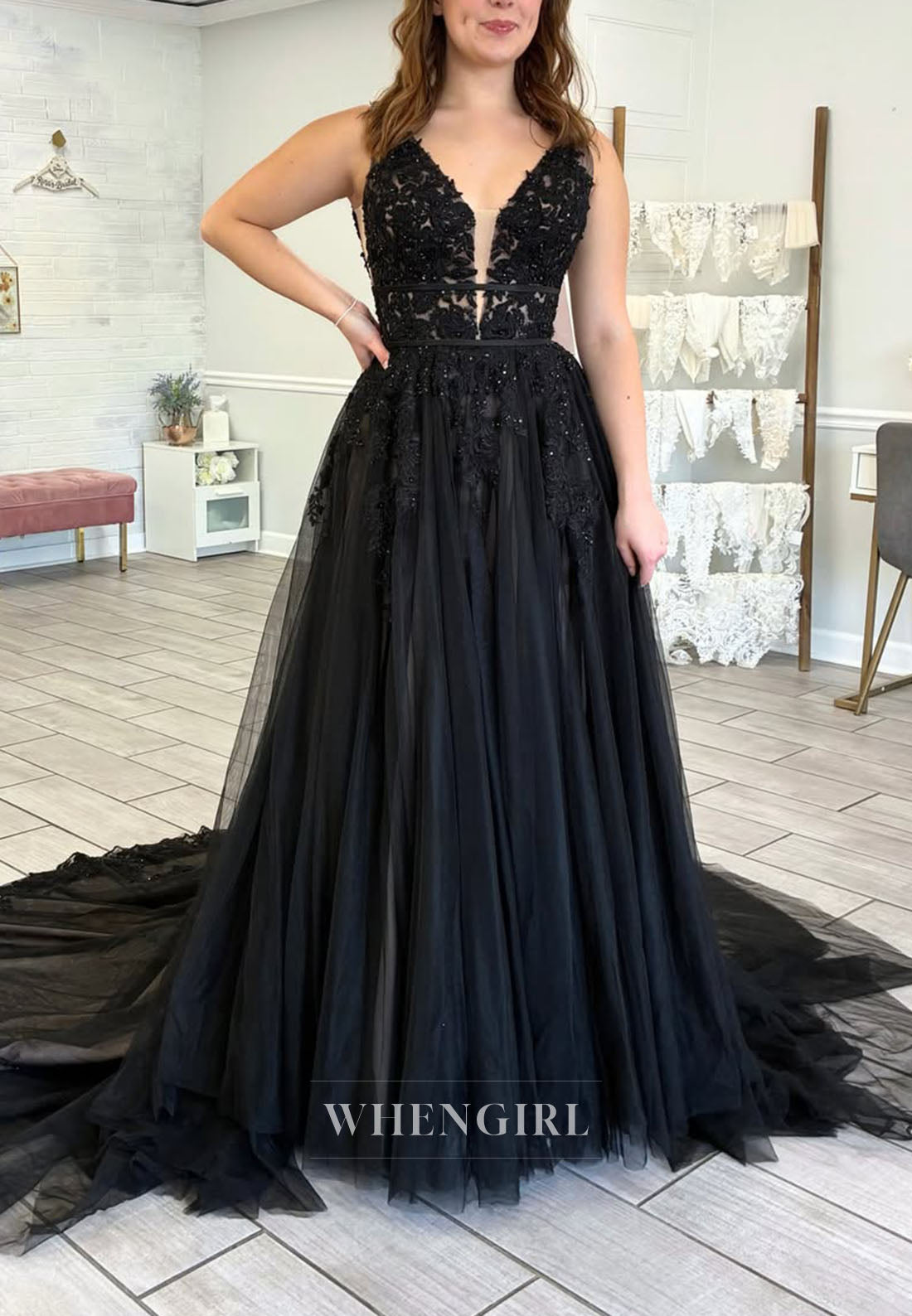 Beaded Lace Applique Tulle Gown with Train