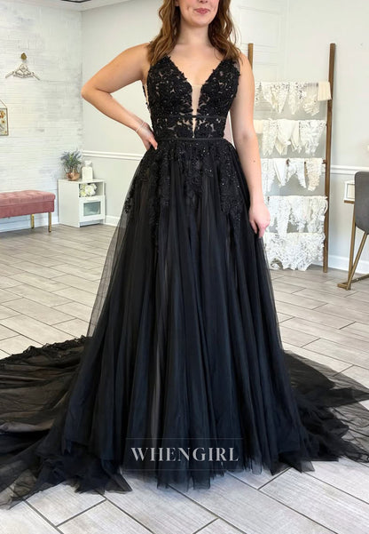 Beaded Lace Applique Tulle Gown with Train