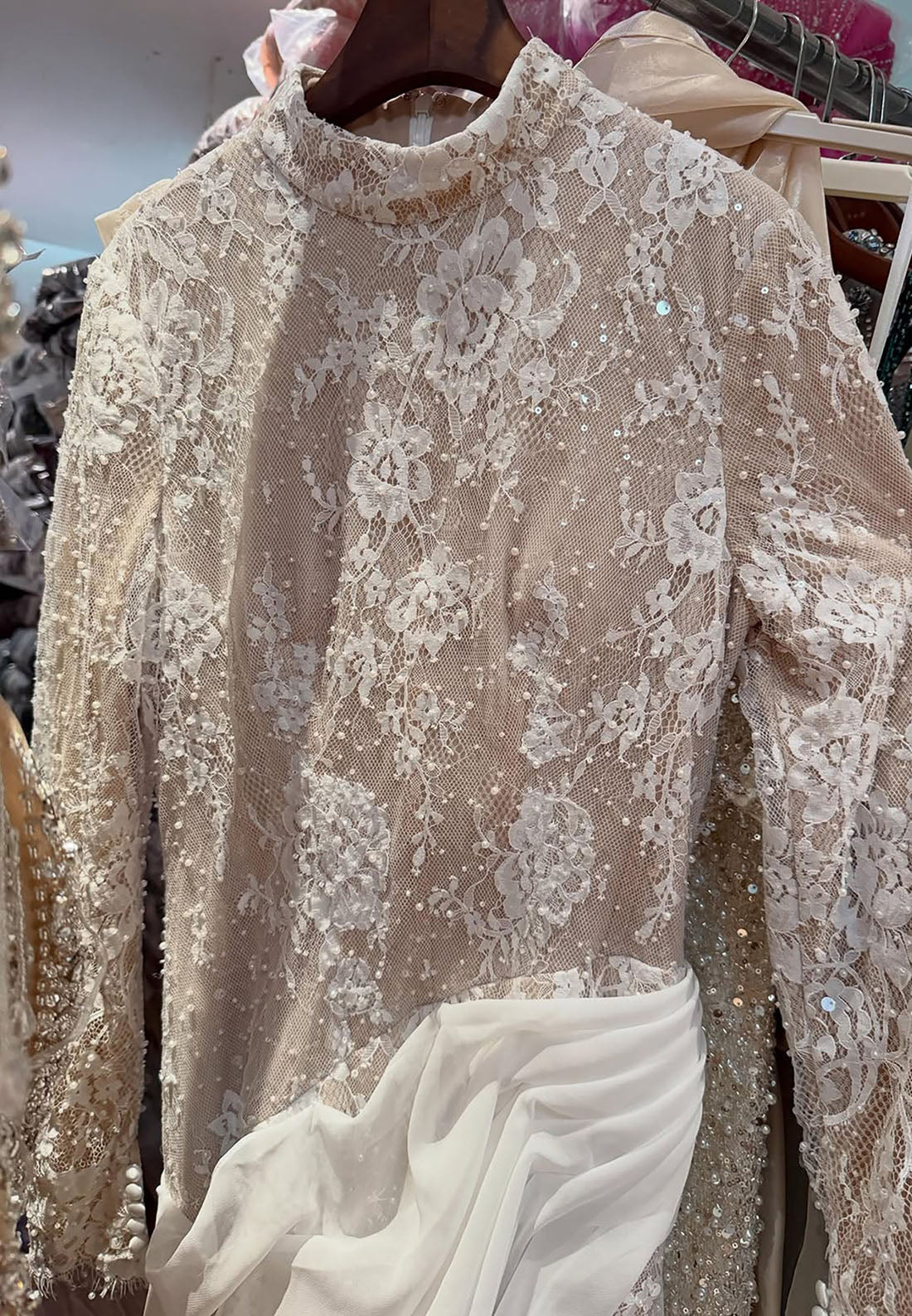 High Neck Lace Gown with Asymmetrical Draped Train