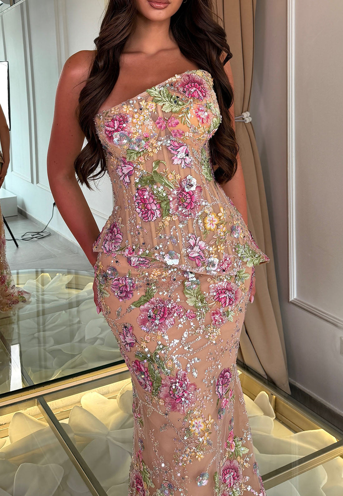 Floral Embroidered Peplum Corset Evening Gown