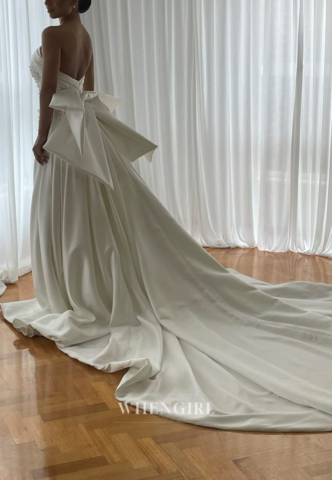 Pearl-Embellished Strapless Gown with Train