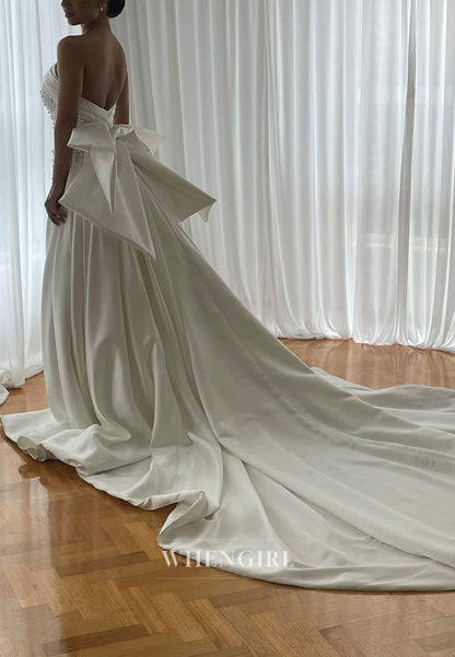 Pearl-Embellished Strapless Gown with Train