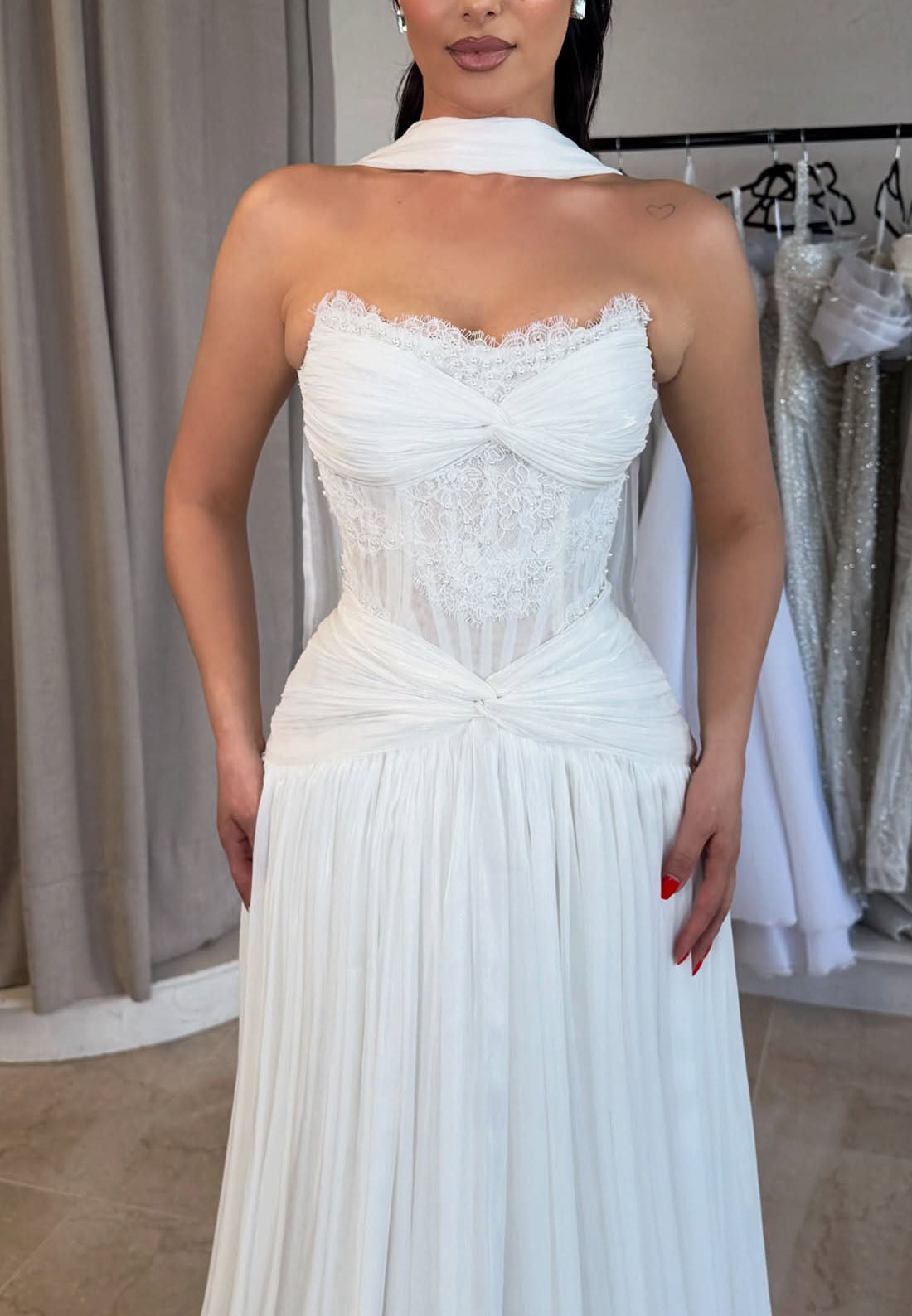 Corset Pleated Wedding Dress with Neck Scarf