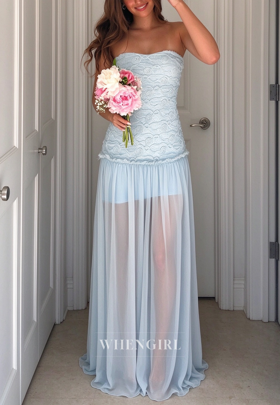 Rosette Bodice Maxi Dress with Sheer Tier Skirt
