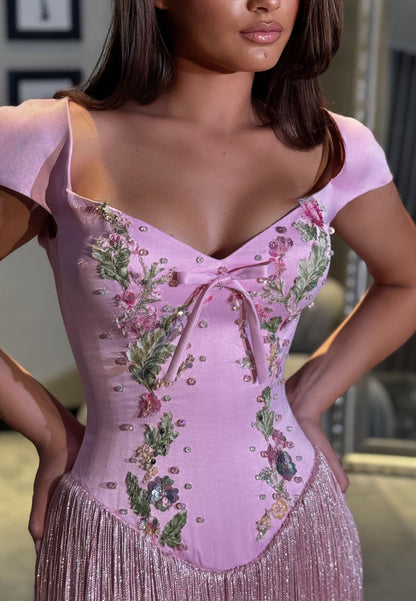 Floral Embroidered Corset Gown with Fringe Skirt