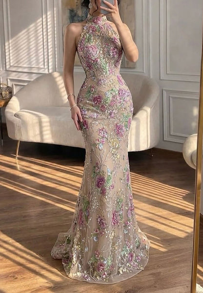 Halter Floral Sequin Mermaid Gown