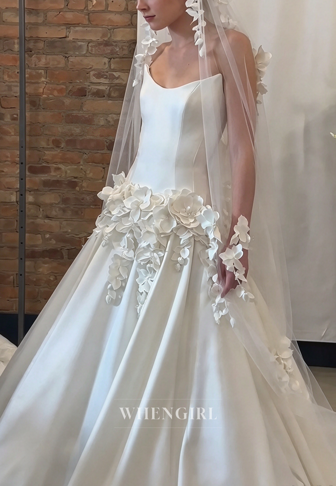 Floral Applique Satin Ball Gown Wedding Dress