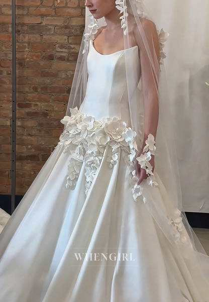 Floral Applique Satin Ball Gown Wedding Dress