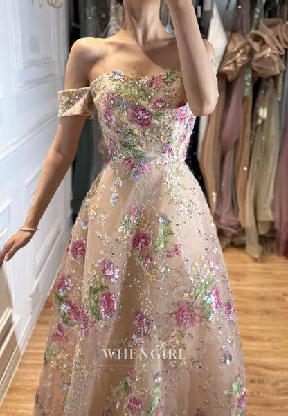 Off-The-Shoulder Embroidered Floral A-Line Gown