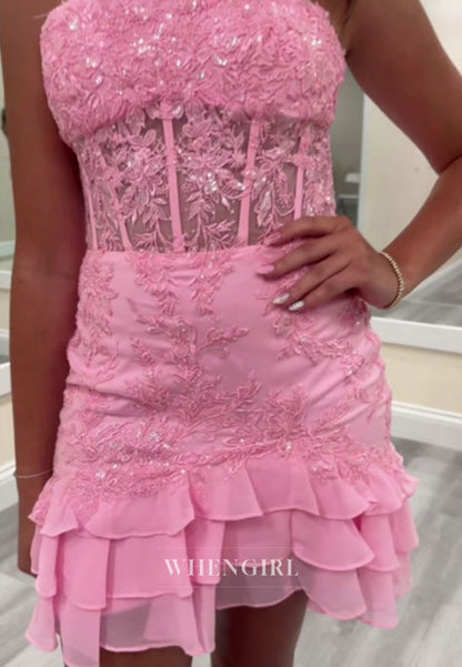 Strapless Corset Mini Dress with Sequin Lace & Ruffle Hem