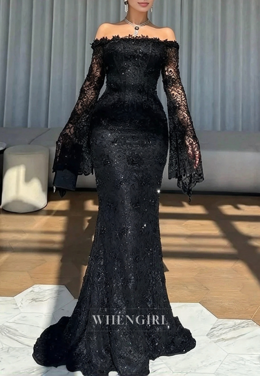 Lace Off-the-Shoulder Bell Sleeve Mermaid Gown