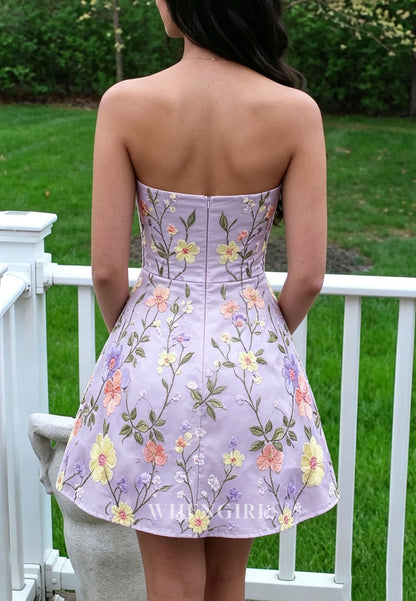 Strapless Floral Embroidered A-Line Homecoming Dress