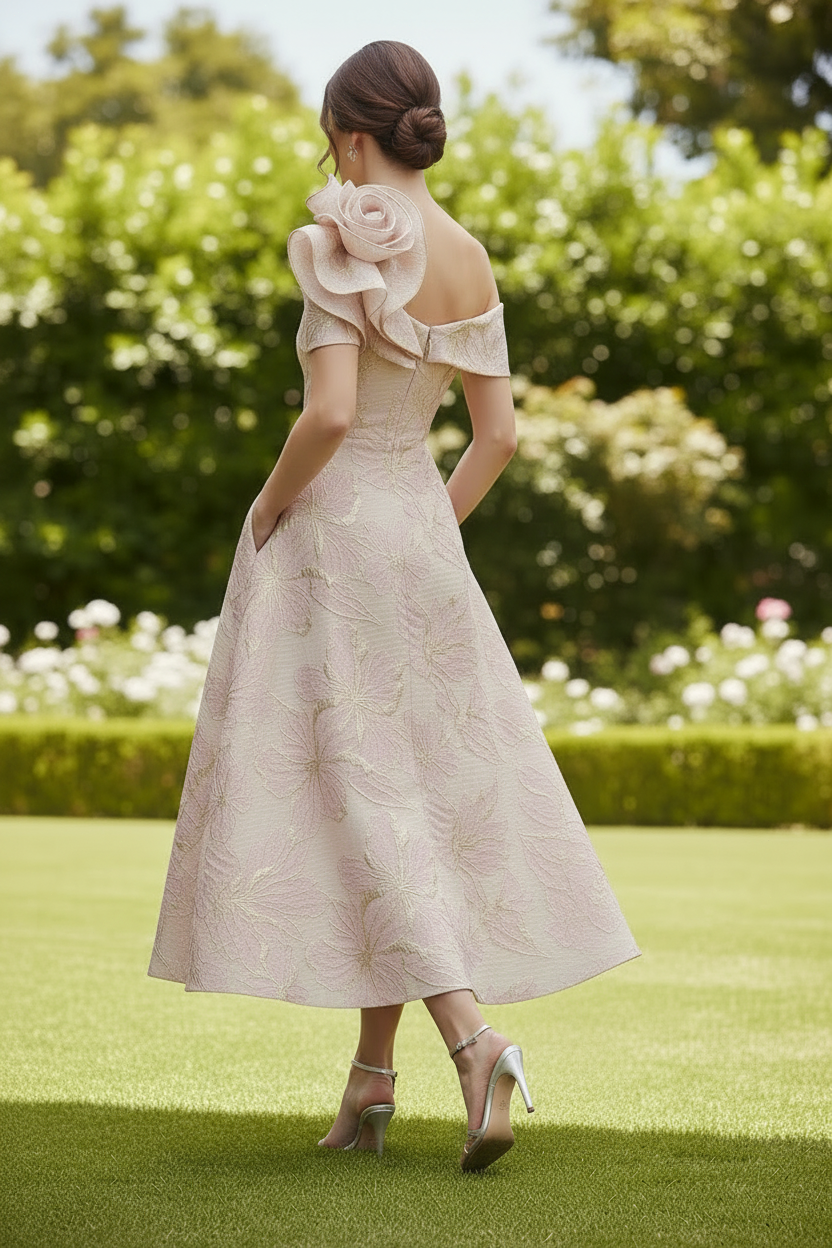 One-Shoulder Floral Jacquard Midi Dress