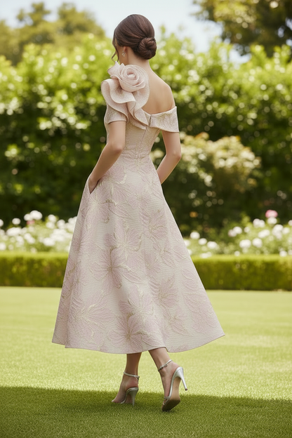 One-Shoulder Floral Jacquard Midi Dress
