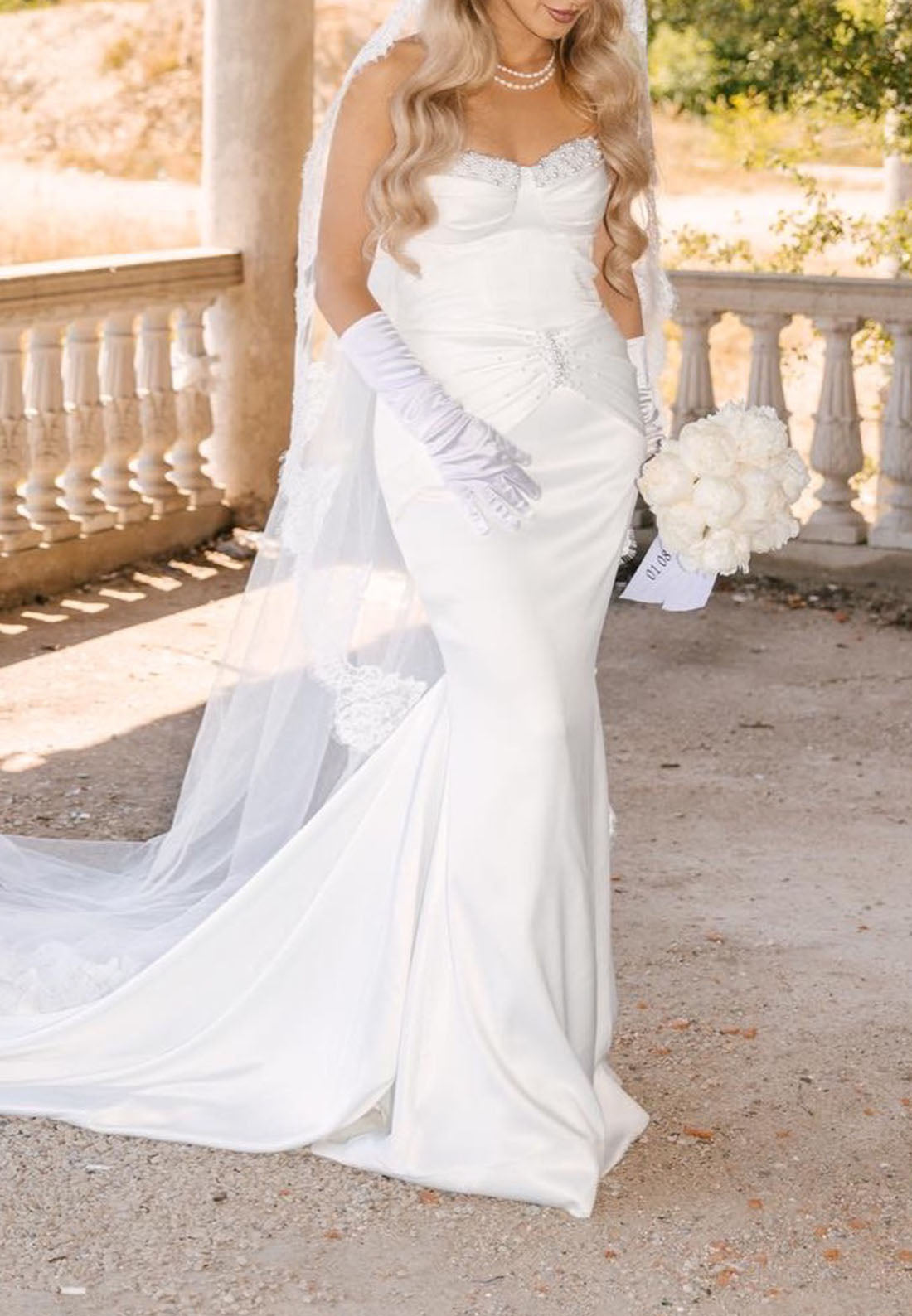 Strapless Ruched Mermaid Wedding Dress with Pearls