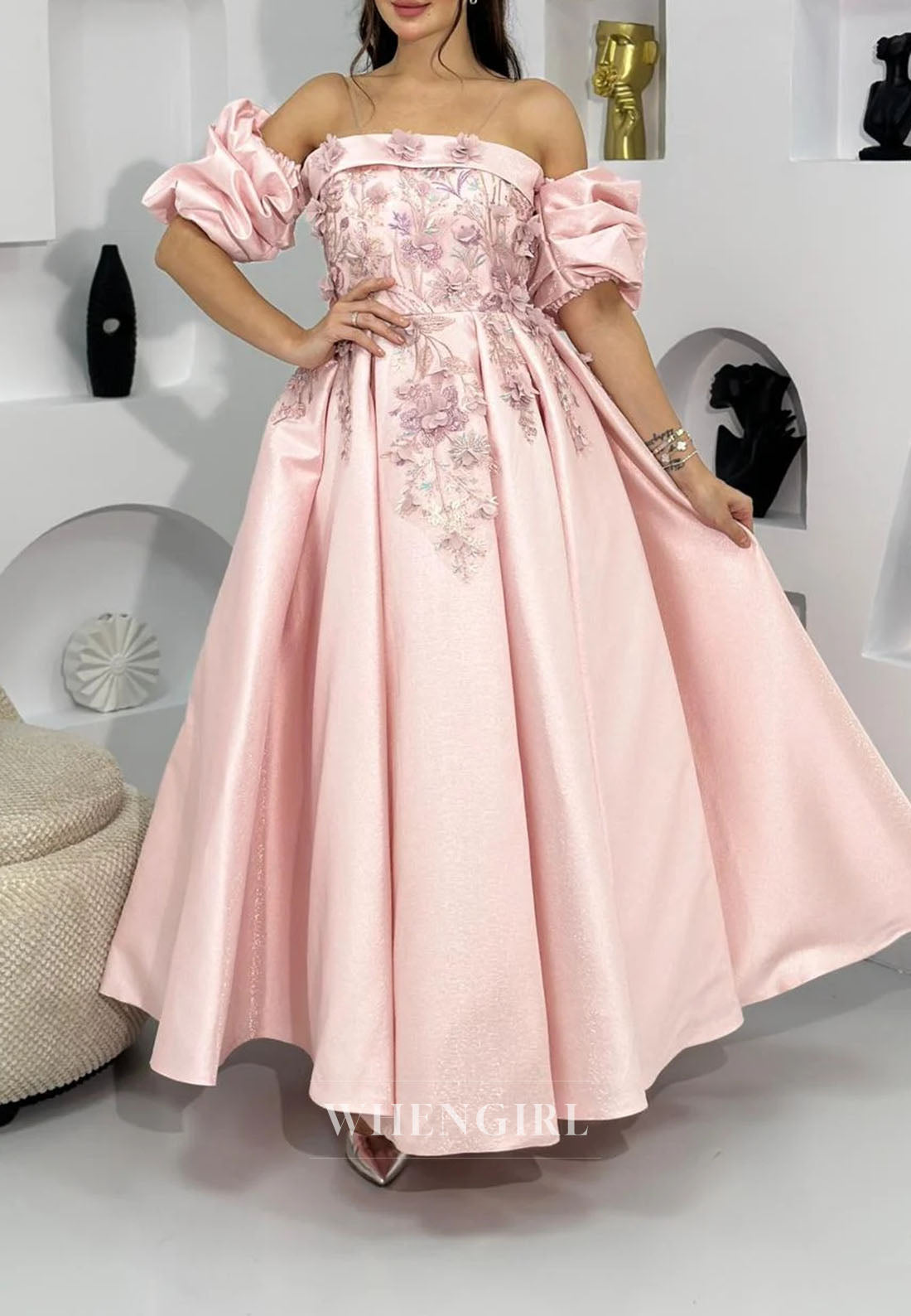Floral Applique Puff Sleeve Ankle Gown