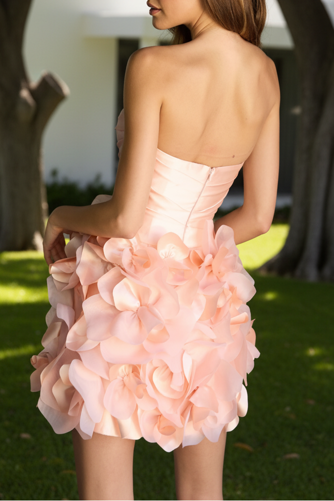 Strapless Ruched Mini Dress with 3D Floral Skirt