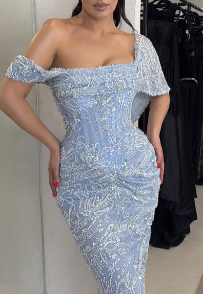 Asymmetrical Beaded Corset Mermaid Formal Gown