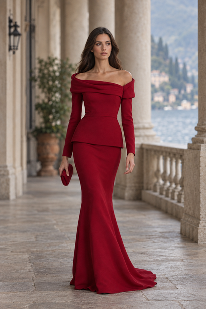 Foldover Asymmetric Peplum Gown with Long Sleeves