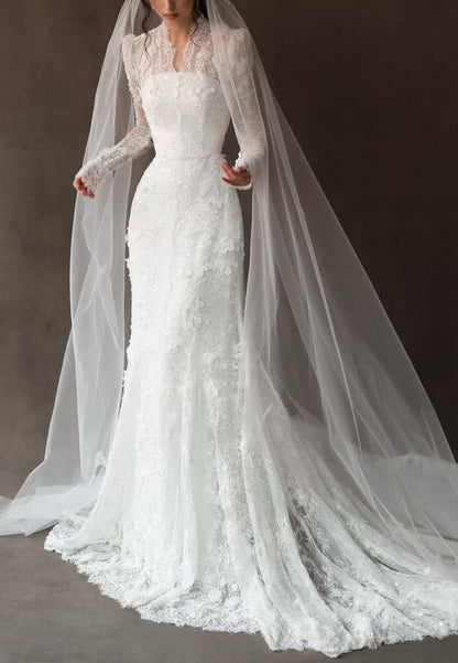 Lace High Neck Long Sleeve Wedding Dress
