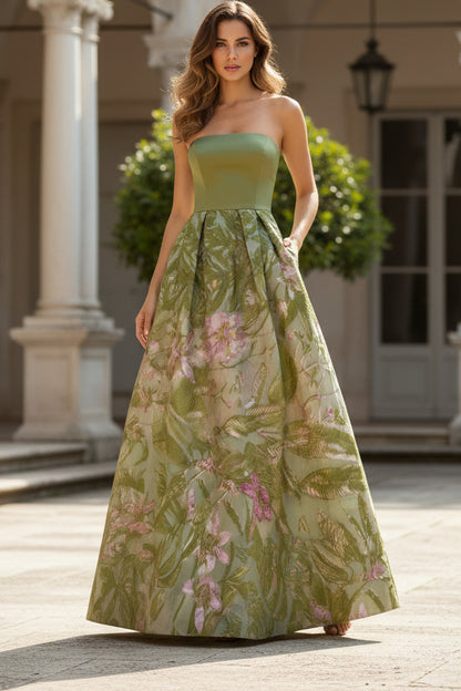 Strapless A-Line Gown with Floral Jacquard Skirt