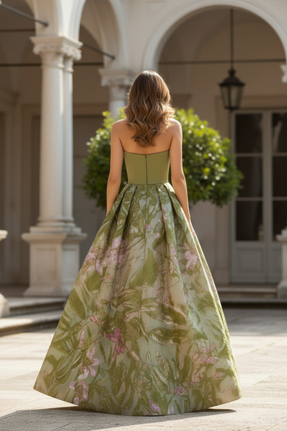 Strapless A-Line Gown with Floral Jacquard Skirt