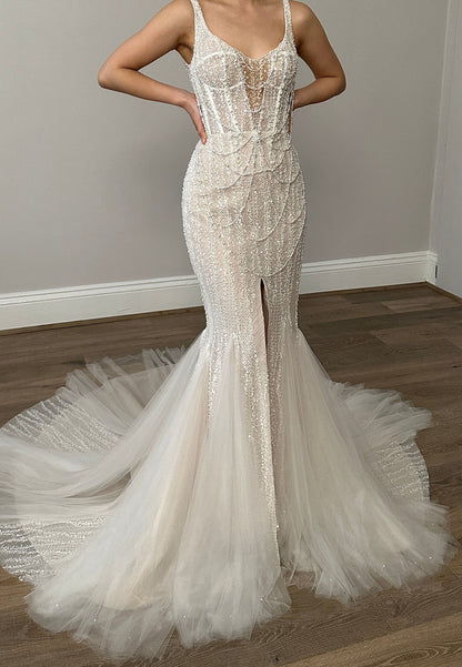 Beaded Mermaid Wedding Dress with Slit and Tulle Train