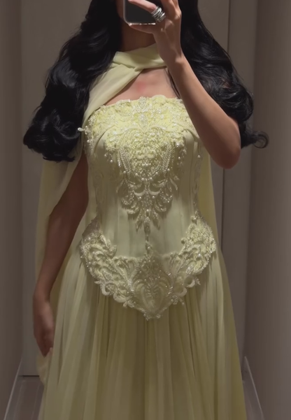 Embroidered Corset Gown with Draped Cape