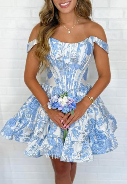 Off-the-Shoulder Floral Jacquard Corset Mini Dress