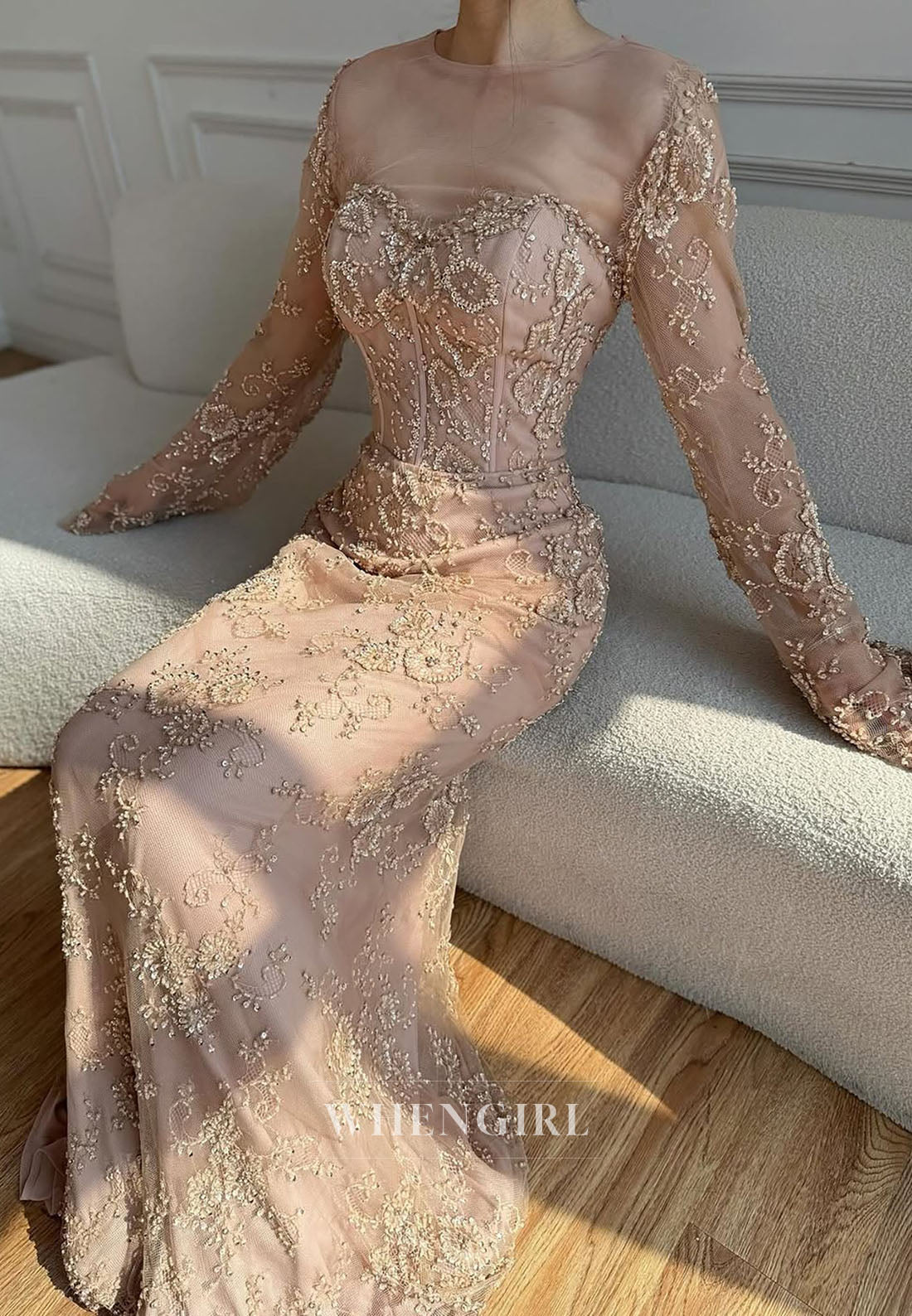 Corset Lace Long Sleeve Mermaid Evening Gown