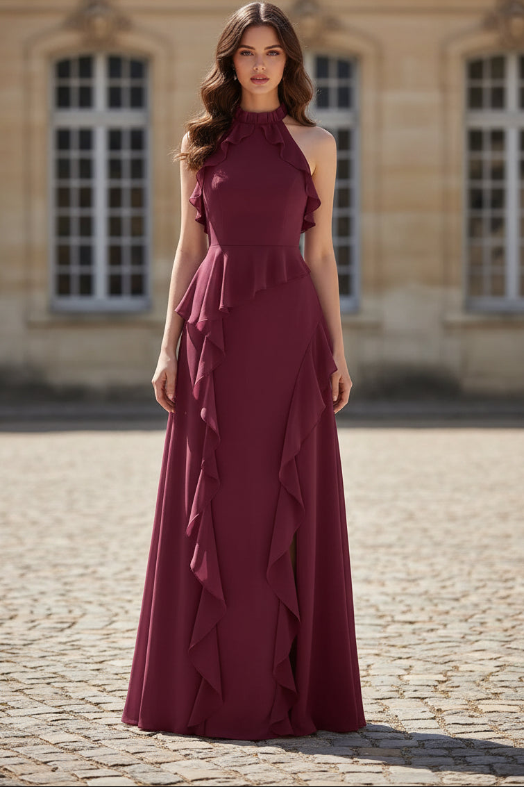 Ruffle Halter Neck A-Line Dress with High Slit
