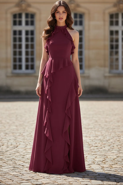 Ruffle Halter Neck A-Line Dress with High Slit