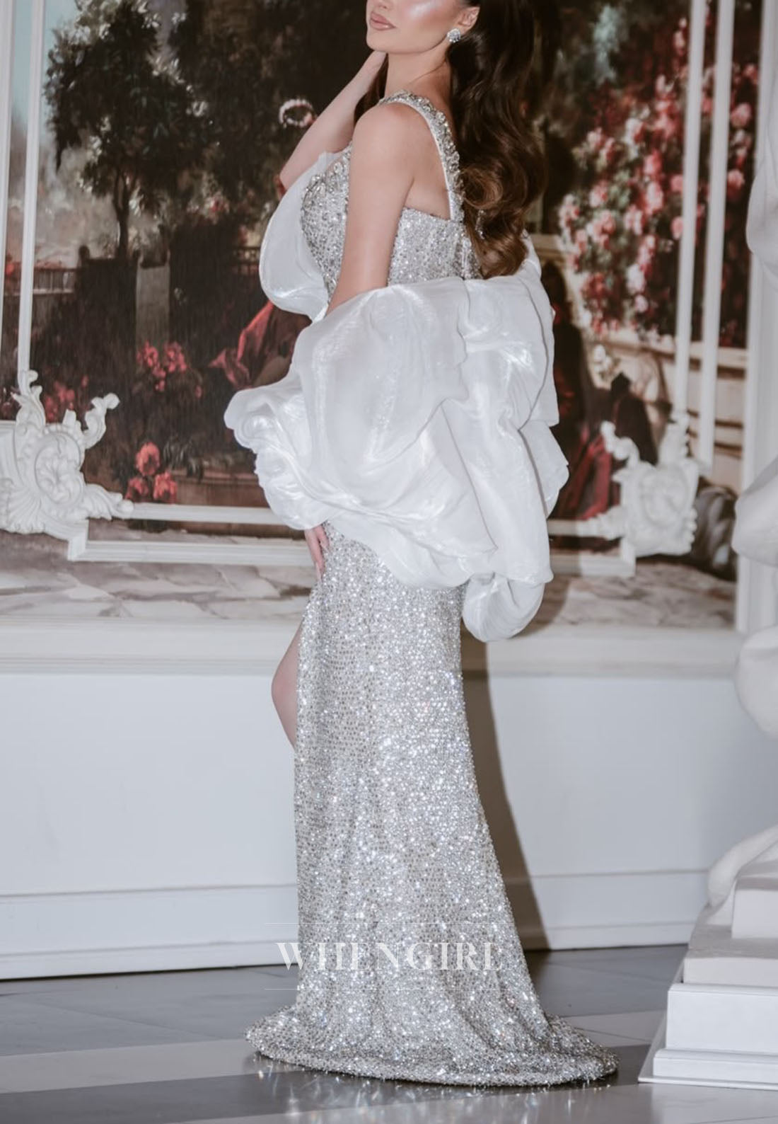 Sequined Off-the-Shoulder Evening Gown with Slit