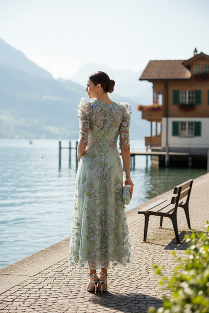 Embroidered 3D Floral Illusion Midi Dress