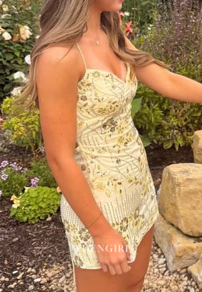 Beaded Floral Sequin Mini Homecoming Dress