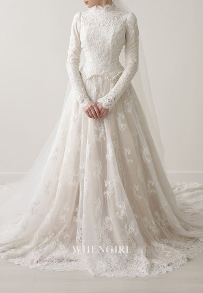 High Neck Lace Wedding Dress with Long Sleeves