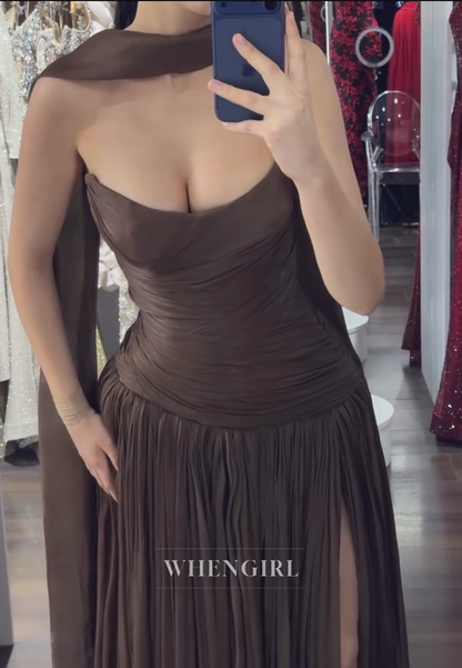 Strapless Ruched Maxi Dress with Neck Scarf and Slit