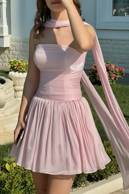 Strapless Metallic Mini Dress with Attached Shawl Scarf