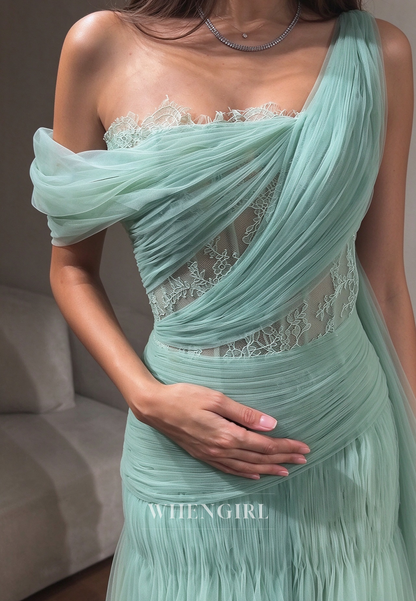 One-Shoulder Ruched Tulle Gown with Lace Inset