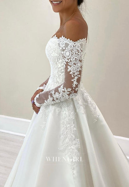 Off-the-Shoulder Lace Sleeve A-Line Bridal Gown