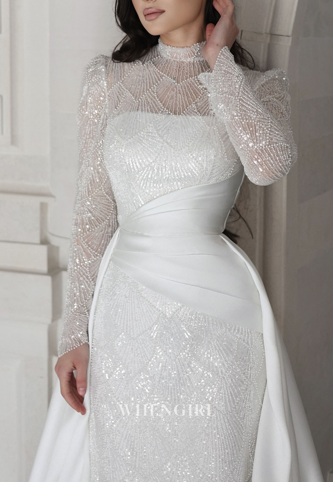 High-Neck Beaded Sheath Gown with Overskirt