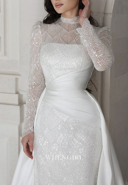 High-Neck Beaded Sheath Gown with Overskirt