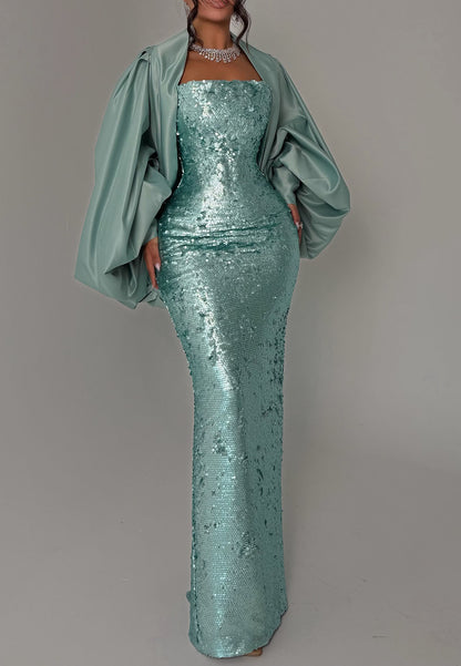 Strapless Sequin Evening Gown with Satin Shawl