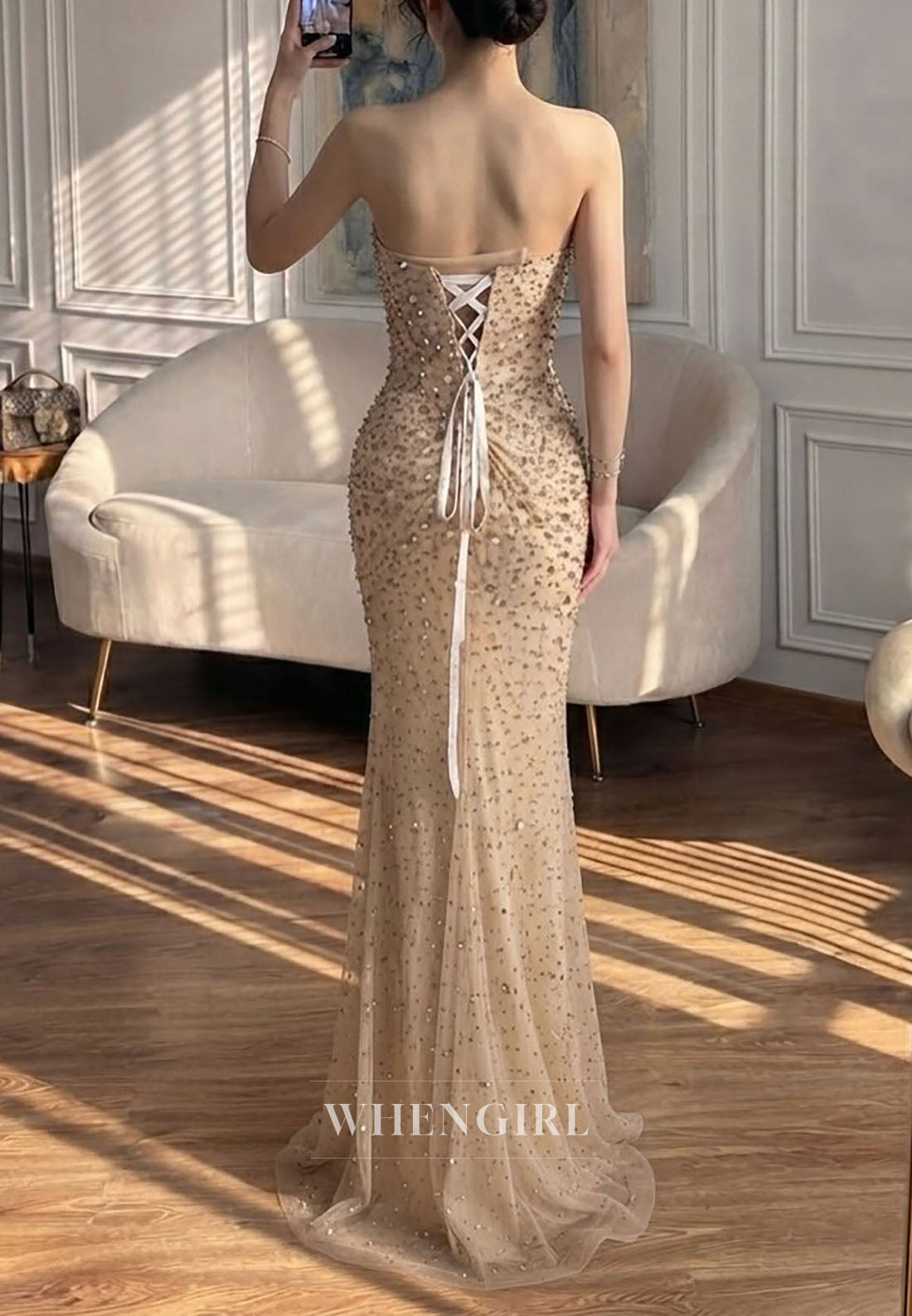 Strapless Embellished Mermaid Gown with Lace-Up Back