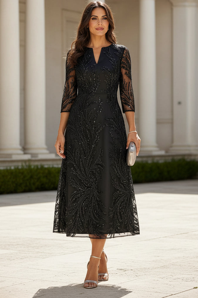 Sequin Embroidered 3/4 Sleeve Midi A-Line Dress