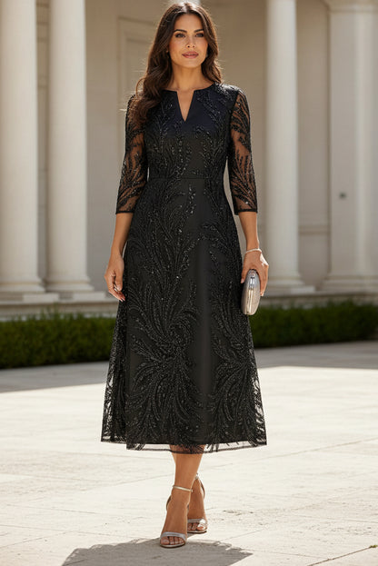 Sequin Embroidered 3/4 Sleeve Midi A-Line Dress