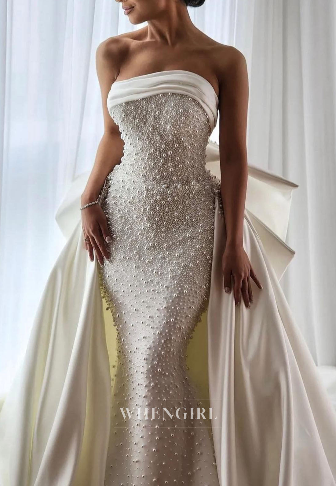 Pearl-Embellished Strapless Gown with Train