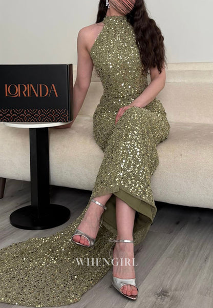 Halter Open Back Sequin Mermaid Gown with Train