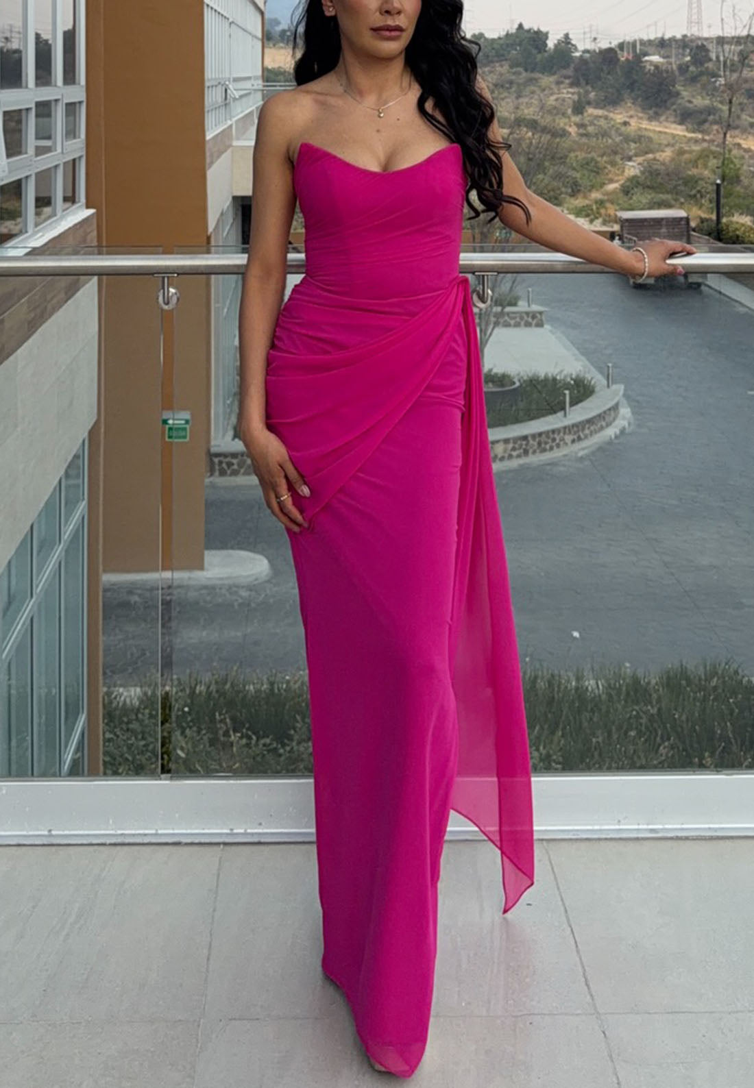 Strapless Ruched Maxi Dress with Lace-Up Back